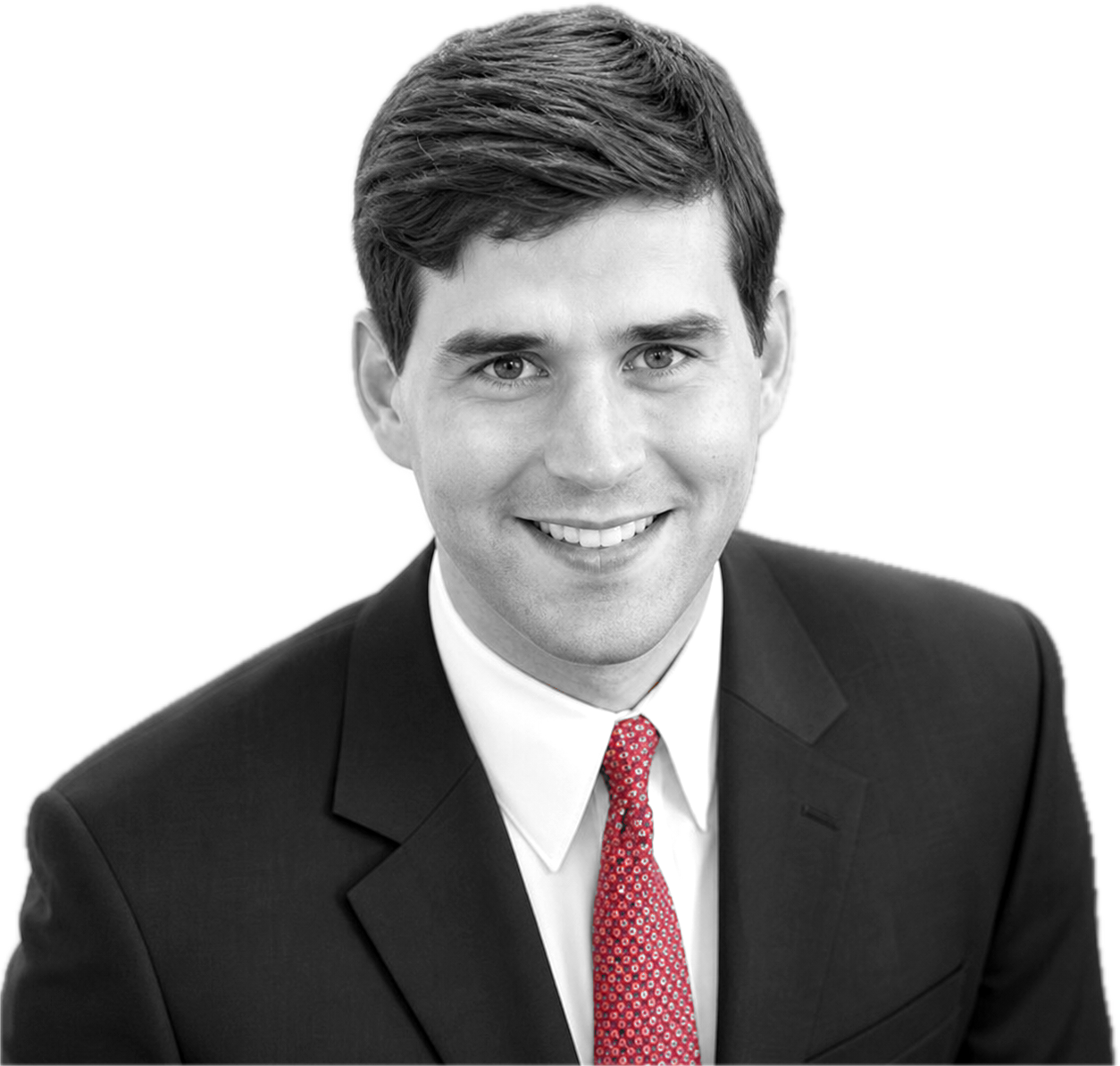 Brian Mueller in a dark suit and red tie